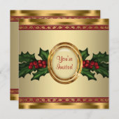 レッド金ゴールドホリー企業のクリスマスパーティー 招待状 (正面/裏面)