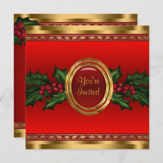 レッド金ゴールドホリー企業のクリスマスパーティー 招待状 (正面/裏面)