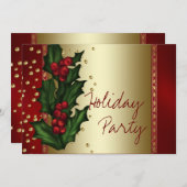 レッド金ゴールドホリー企業のクリスマスパーティー 招待状 (正面/裏面)
