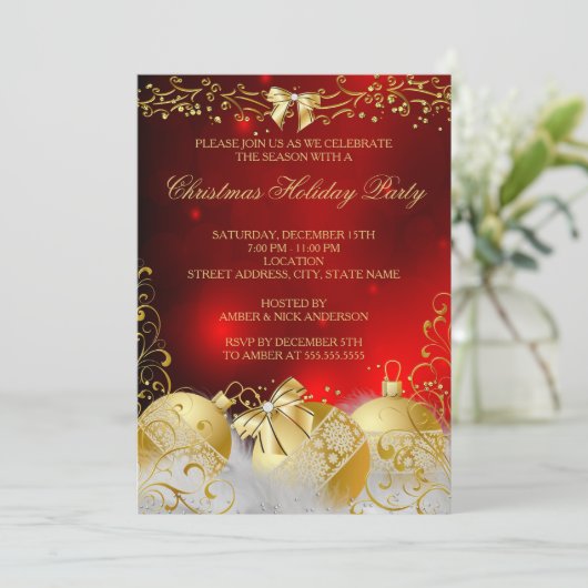 レッド金ゴールドホワイトボーブルクリスマスホリデーパーティー 招待状 (スタンド正面)