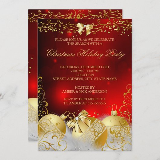 レッド金ゴールドホワイトボーブルクリスマスホリデーパーティー 招待状 (正面/裏面)