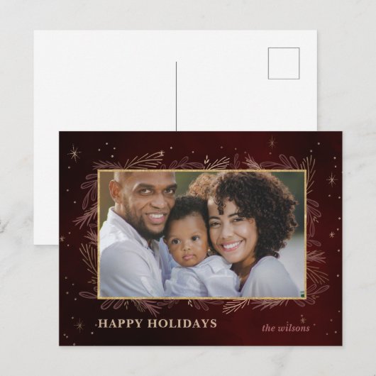 レッド金ゴールドボタニカルフォトホリデーポストカード シーズンポストカード (正面/裏面)