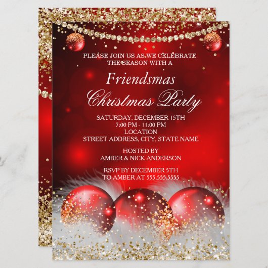 レッド金ゴールドボーブルフレンドズクリスマスパーティー 招待状 (正面/裏面)