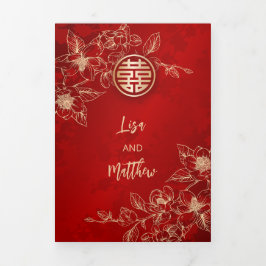 レッド金ゴールドマグノリア | 中国の結婚 三つ折り招待状