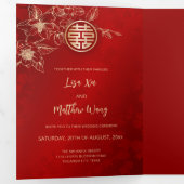 レッド金ゴールドマグノリア | 中国の結婚 三つ折り招待状 (内部最初)