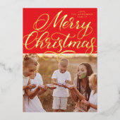 レッド金ゴールドメリークリスマスレタリング写真 箔シーズンカード (正面)