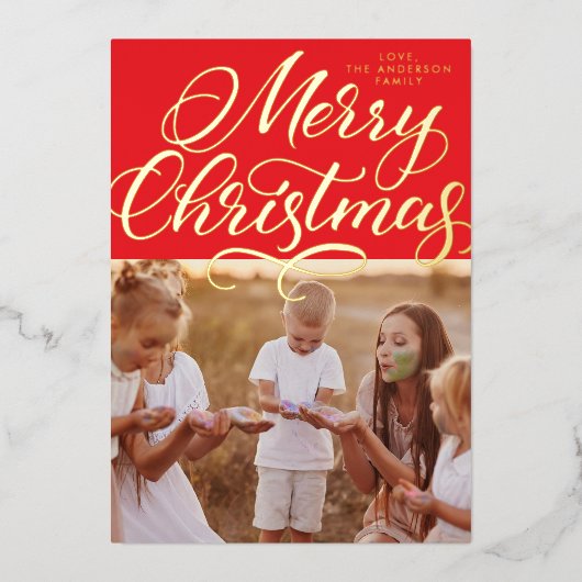 レッド金ゴールドメリークリスマスレタリング写真 箔シーズンカード (正面)