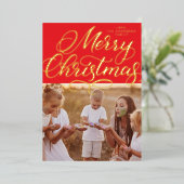 レッド金ゴールドメリークリスマスレタリング写真 箔シーズンカード (立ち正面)