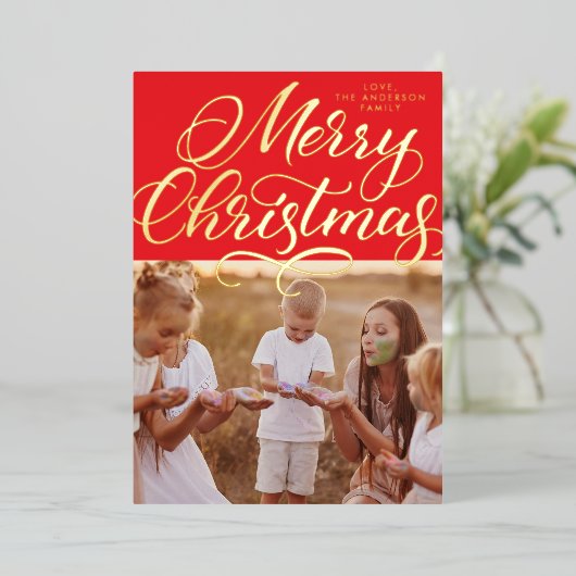 レッド金ゴールドメリークリスマスレタリング写真 箔シーズンカード (立ち正面)