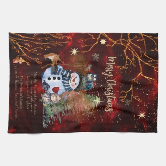 レッド金ゴールドメリークリスマス、かわいいキャラクター キッチンタオル (横)