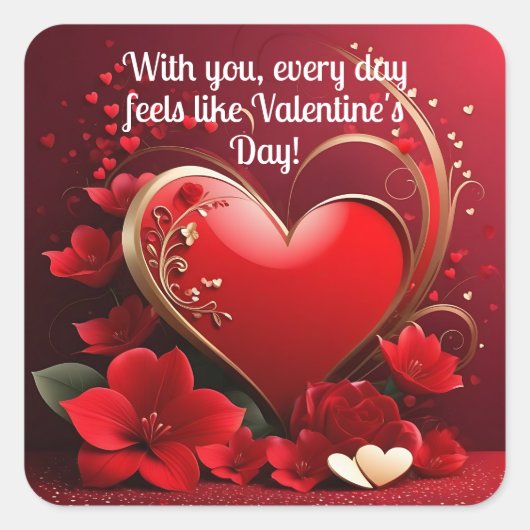 レッド金ゴールドラブハートバレンタイン スクエアシール (正面)