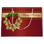 レッド金ゴールドリースクリスマスホリデーギフト ラージペーパーバッグ (正面)