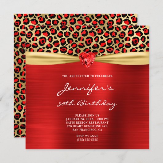 レッド金ゴールドレオパード箔ジェムストーンハート50誕生日 招待状 (正面/裏面)