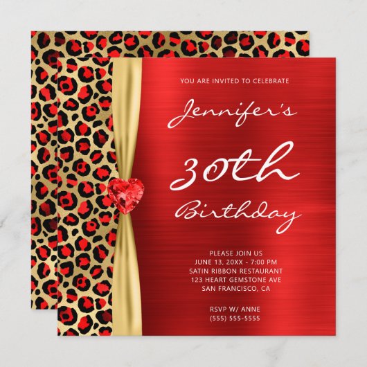 レッド金ゴールドレオパード箔ジェムリボン30th誕生日 招待状 (正面/裏面)
