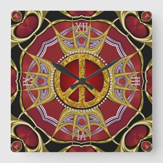 レッド金ゴールドロイヤルピースラブクロック スクエア壁時計 (正面)