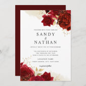 レッド金ゴールドロマンチックバラ結婚式招待状 招待状 (正面/裏面)