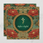 レッド金ゴールドロータスグリーンインディアンゲネシュ結婚ズ 招待状 (正面/裏面)