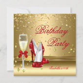 レッド金ゴールド紙吹雪シャンパンヒール誕生日パーティー2 招待状 (正面)