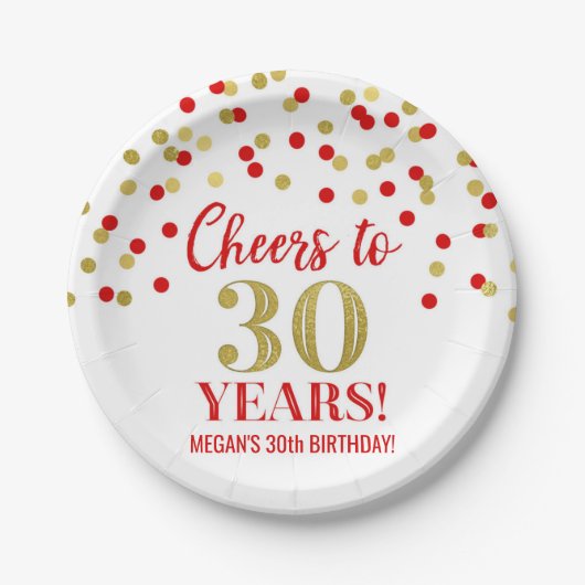 レッド金ゴールド紙吹雪応援から30年誕生日 ペーパープレート (正面)