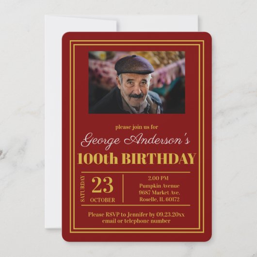 レッド金ゴールド100th誕生日パーティー 招待状 (正面)