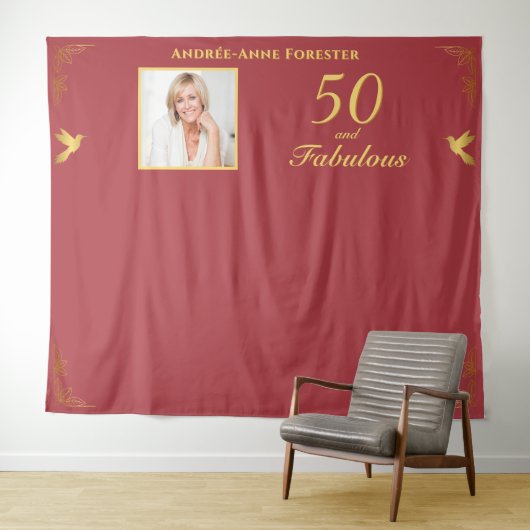 レッド金ゴールド50素晴らしい誕生日写真の背景 タペストリー (インサイチュ(横))