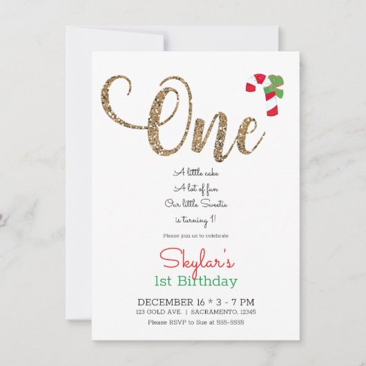 レッド金ゴールド&グリーンクリスマスホリデイ1st誕生日イン 招待状 (正面)