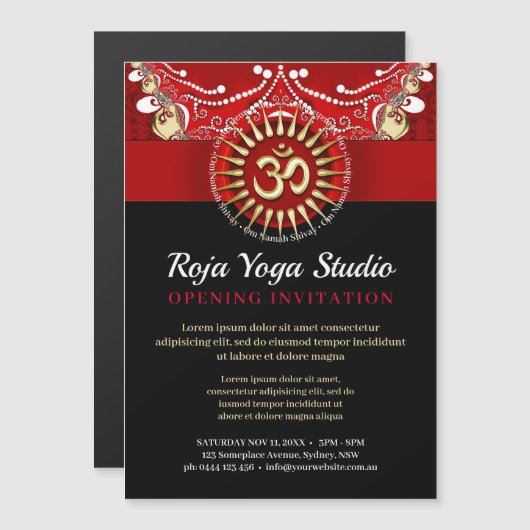 レッド金ゴールドOMブラックヨガニューエイジワークショップ マグネット招待状 (正面/裏面)