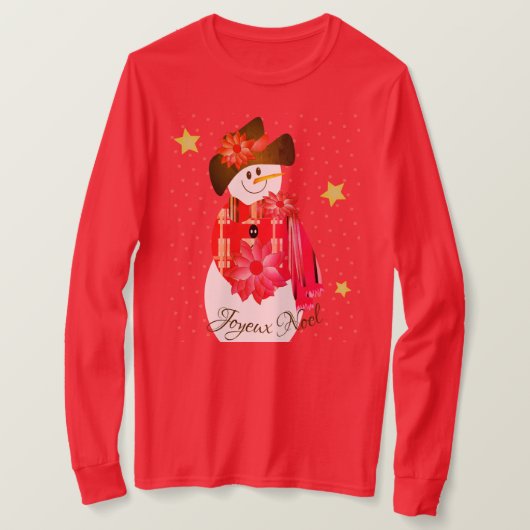レッド雪だるまかわいい Tシャツ (デザイン正面)
