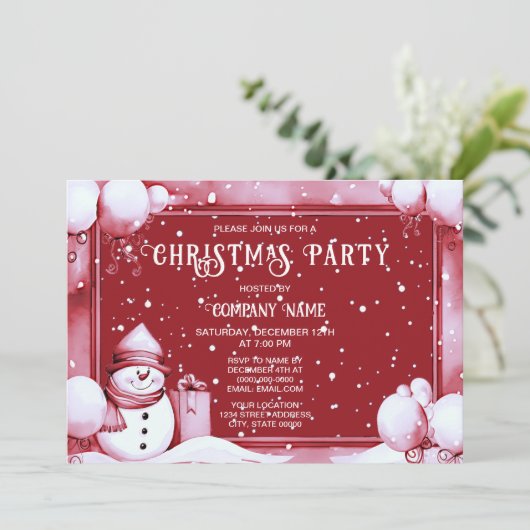 レッド雪だるまスノーウィークリスマスパーティーホリデー 招待状 (スタンド正面)