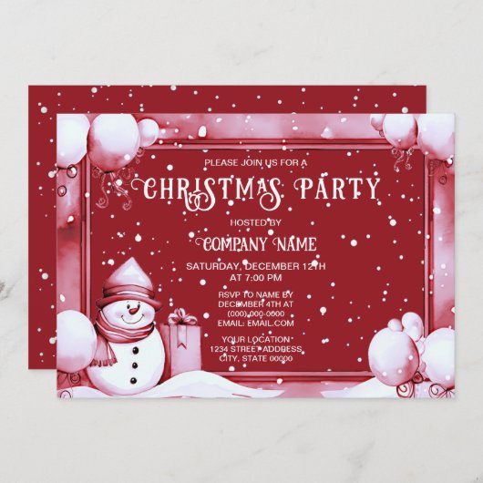 レッド雪だるまスノーウィークリスマスパーティーホリデー 招待状 (正面/裏面)
