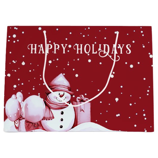 レッド雪だるまスノーウィークリスマスホリデー抱き枕 ラージペーパーバッグ (正面)