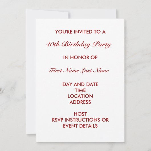 レッド40th誕生日パーティの招待状 招待状 (裏面)