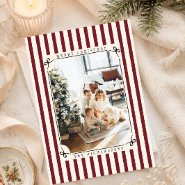 レッド＆アイボリー ストライプ おしゃれ オールドマネークリスマス 写真 シーズンカード