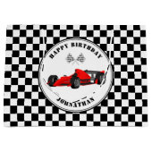 レッド・アンド・ブラックレースカー市松模様に誕生日ラージギ ラージペーパーバッグ (正面)