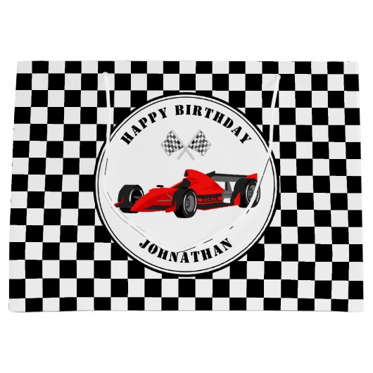 レッド・アンド・ブラックレースカー市松模様に誕生日ラージギ ラージペーパーバッグ (正面)