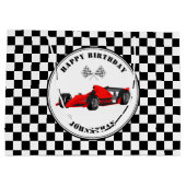 レッド・アンド・ブラックレースカー市松模様に誕生日ラージギ ラージペーパーバッグ (裏面)