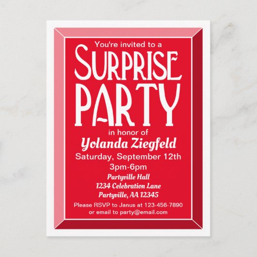レッド アートデコ ベベル バースデー サプライズ パーティー インビテーションポストカード (正面)