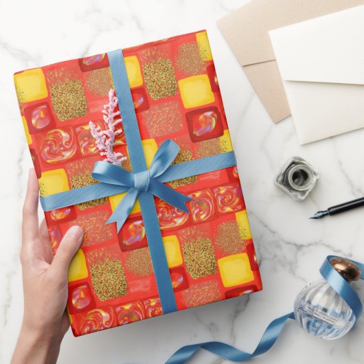 レッド&イエロースクエアハウスグリッターオパール ラッピングペーパー (ギフト)
