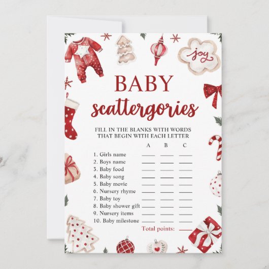 レッド ウィンター クリスマス ベビー シャワー Scattegories ゲーム 招待状 (正面)