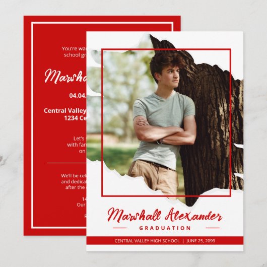 レッド エッジー アブストラクト ティアード フォト 卒業式 招待状 (正面/裏面)