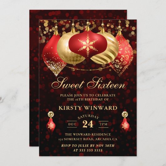 レッド&エレガント金ゴールドクリスマスボードビーズスウィート16 招待状 (正面/裏面)
