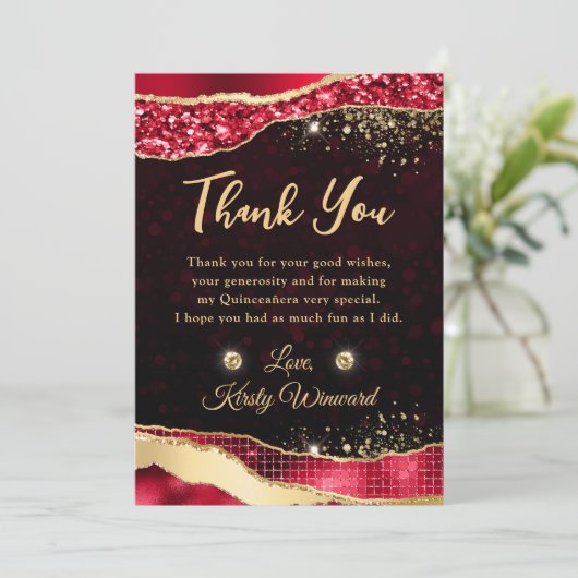 レッド&エレガント金ゴールドグリッターグラムティアーズキンセアニェラ サンキューカード (スタンド正面)