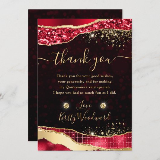 レッド&エレガント金ゴールドグリッターグラムティアーズキンセアニェラ サンキューカード (正面/裏面)