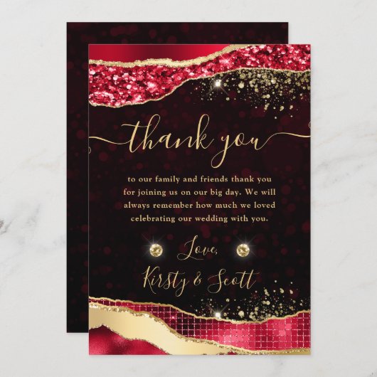 レッド&エレガント金ゴールドグリッターグラムティース結婚ズ サンキューカード (正面/裏面)