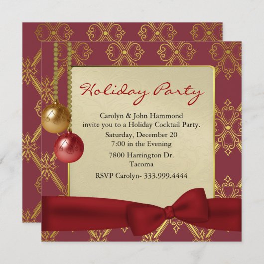 レッド&エレガント金ゴールドトーンホリデーパーティー招待状 招待状 (正面/裏面)