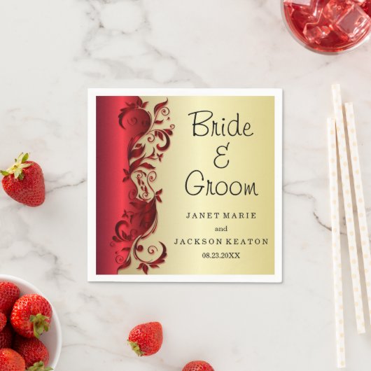 レッド&エレガント金ゴールドフロリ結婚ッドデザイン スタンダードカクテルナプキン (インサイチュ)