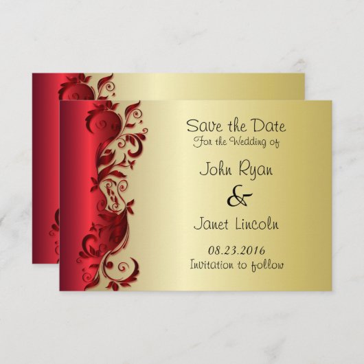 レッド&エレガント金ゴールドフロリ結婚ッドデザイン セーブザデート (正面/裏面)