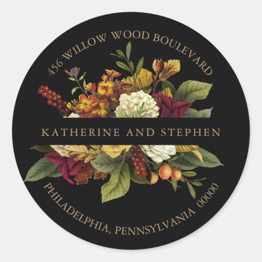 レッド |オレンジフローラブーケ差出人住所シール ラウンドシール (正面)
