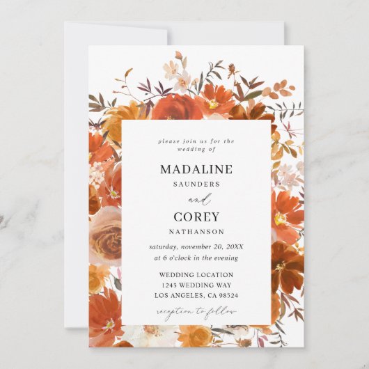 レッド&オレンジ秋結婚フローラズB 招待状 (正面)