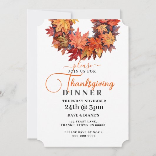 レッド&オレンジ紅葉リース感謝祭 招待状 (正面)